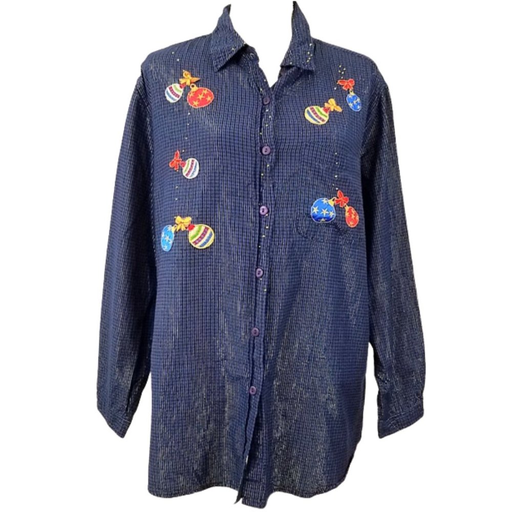 BOBBIE BROOKS Blue Checkered Button-Down Holiday Christmas Shirt Women's 18W/20W